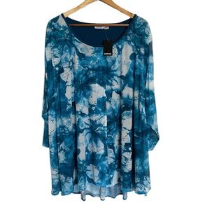 Avenue Teal Tie-Dye Floral Women's Tunic. Size 22/24. NWT.